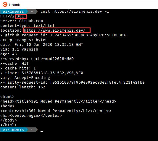 Salida de curl a eiximenis.dev donde se ve el 301