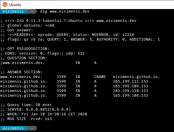 Salida del comando “dig www.eiximenis.dev” donde se ven los registros A y el CNAME
