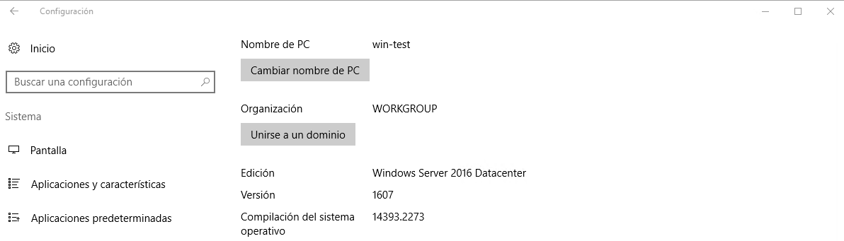 Servidor Windows system settings