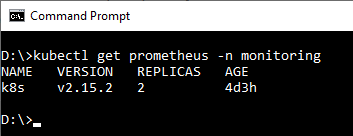 Resultat de la comanda kubectl get prometheus