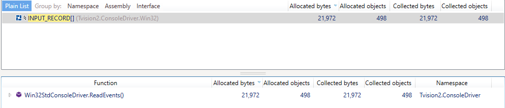 Captura del profiler: 498 objetos INPUT_RECORD[] en el heap totalizando 21.972 bytes